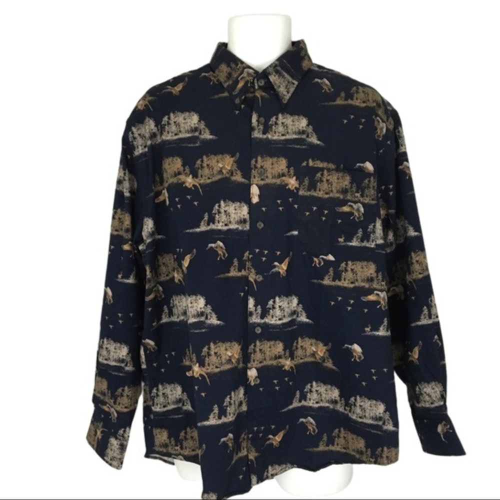 Vintage 90’s Crossings Men’s Navy Blue Wood Duck Long Sleeve Shirt Cotton Brown